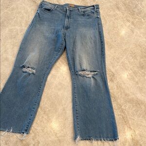 MOTHER Blue Flare Wide Leg Jeans with Distressed Details